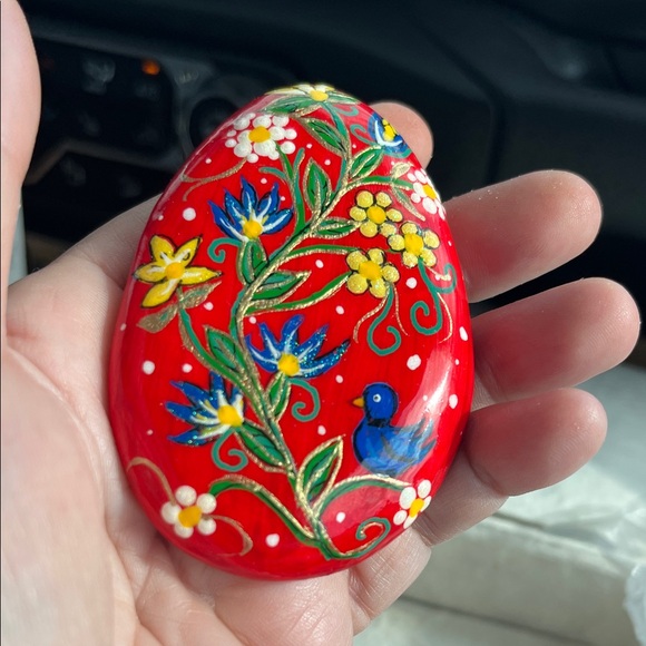 Other - 🎨 Hand-Painted Decorative Stone – Red Floral Folk Art with Blue Bird